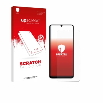 Parte frontal de un envase de producto con el logotipo de la marca upscreen. Al lado se muestra el dispositivo Doogee Note 59 