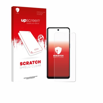 Parte frontal de un envase de producto con el logotipo de la marca upscreen. Al lado se muestra el dispositivo Ulefone Note 18
