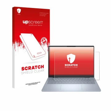 Parte frontal de un envase de producto con el logotipo de la marca upscreen. Al lado se muestra el dispositivo Dell 14 Plus La