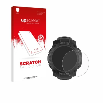 Parte frontal de un envase de producto con el logotipo de la marca upscreen. Al lado se muestra el dispositivo Garmin Instinct