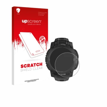 Parte frontal de un envase de producto con el logotipo de la marca upscreen. Al lado se muestra el dispositivo Garmin Instinct