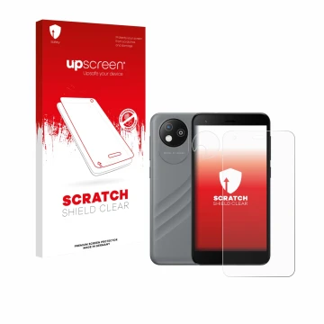 Parte frontal de un envase de producto con el logotipo de la marca upscreen. Al lado se muestra el dispositivo ZTE Blade A35 l