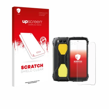 Parte frontal de un envase de producto con el logotipo de la marca upscreen. Al lado se muestra el dispositivo Blackview BV730