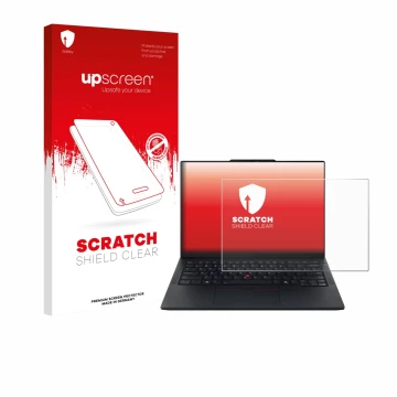 Parte frontal de un envase de producto con el logotipo de la marca upscreen. Al lado se muestra el dispositivo Lenovo ThinkPad