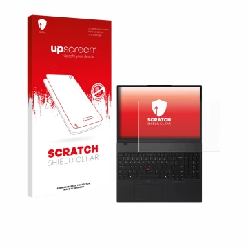 Parte frontal de un envase de producto con el logotipo de la marca upscreen. Al lado se muestra el dispositivo Lenovo ThinkPad