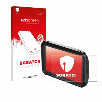 Parte frontal de un envase de producto con el logotipo de la marca upscreen. Al lado se muestra el dispositivo Blackmagic Desi