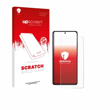 Parte frontal de un envase de producto con el logotipo de la marca upscreen. Al lado se muestra el dispositivo Xiaomi Poco M6 