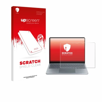 Parte frontal de un envase de producto con el logotipo de la marca upscreen. Al lado se muestra el dispositivo Microsoft Surfa