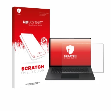 Parte frontal de un envase de producto con el logotipo de la marca upscreen. Al lado se muestra el dispositivo Microsoft Surfa