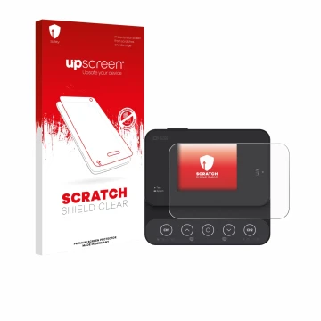 Parte frontal de un envase de producto con el logotipo de la marca upscreen. Al lado se muestra el dispositivo ISDT K2Zip con 