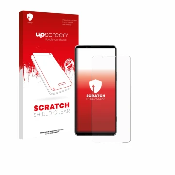 Parte frontal de un envase de producto con el logotipo de la marca upscreen. Al lado se muestra el dispositivo Sony Xperia 1 V