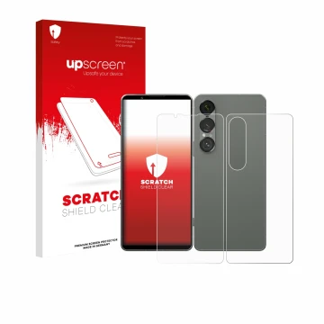 Parte frontal de un envase de producto con el logotipo de la marca upscreen. Al lado se muestra el dispositivo Sony Xperia 1 V