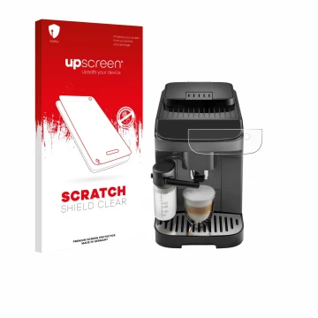 Parte frontal de un envase de producto con el logotipo de la marca upscreen. Al lado se muestra el dispositivo DeLonghi Magnif