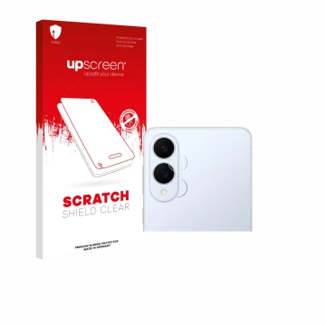 Parte frontal de un envase de producto con el logotipo de la marca upscreen. Al lado se muestra el dispositivo Samsung Galaxy 