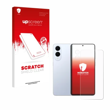 Parte frontal de un envase de producto con el logotipo de la marca upscreen. Al lado se muestra el dispositivo Samsung Galaxy 