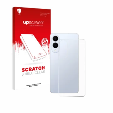 Parte frontal de un envase de producto con el logotipo de la marca upscreen. Al lado se muestra el dispositivo Samsung Galaxy 