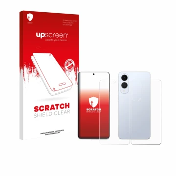 Parte frontal de un envase de producto con el logotipo de la marca upscreen. Al lado se muestra el dispositivo Samsung Galaxy 