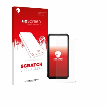 Parte frontal de un envase de producto con el logotipo de la marca upscreen. Al lado se muestra el dispositivo Ulefone Armor 2