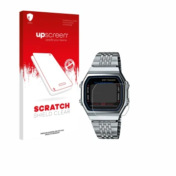 Parte frontal de un envase de producto con el logotipo de la marca upscreen. Al lado se muestra el dispositivo Casio iconic AB