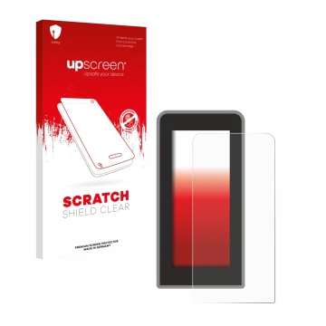 Parte frontal de un envase de producto con el logotipo de la marca upscreen. Al lado se muestra el dispositivo Tenways CGO600 