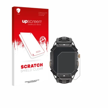 Parte frontal de un envase de producto con el logotipo de la marca upscreen. Al lado se muestra el dispositivo Oukitel BT80 co