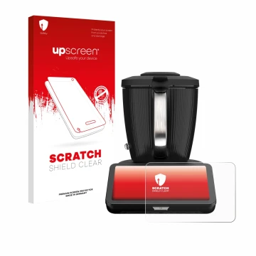 Parte frontal de un envase de producto con el logotipo de la marca upscreen. Al lado se muestra el dispositivo Vorwerk Bimby T