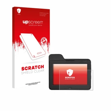 Parte frontal de un envase de producto con el logotipo de la marca upscreen. Al lado se muestra el dispositivo Naviter Omni co