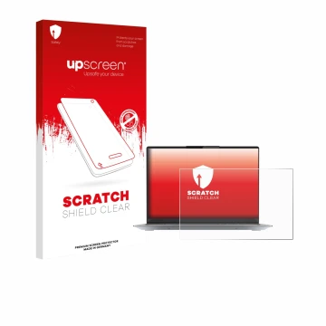 Parte frontal de un envase de producto con el logotipo de la marca upscreen. Al lado se muestra el dispositivo Lenovo ThinkBoo