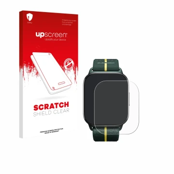 Parte frontal de un envase de producto con el logotipo de la marca upscreen. Al lado se muestra el dispositivo Motorola Moto w
