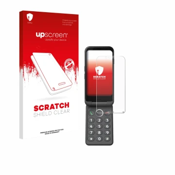 Parte frontal de un envase de producto con el logotipo de la marca upscreen. Al lado se muestra el dispositivo Doro Aurora A20