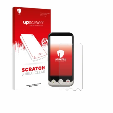 Parte frontal de un envase de producto con el logotipo de la marca upscreen. Al lado se muestra el dispositivo Doro Aurora A10