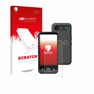 Parte frontal de un envase de producto con el logotipo de la marca upscreen. Al lado se muestra el dispositivo Doro Aurora A10