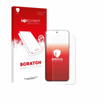 Parte frontal de un envase de producto con el logotipo de la marca upscreen. Al lado se muestra el dispositivo Honor 400 con s