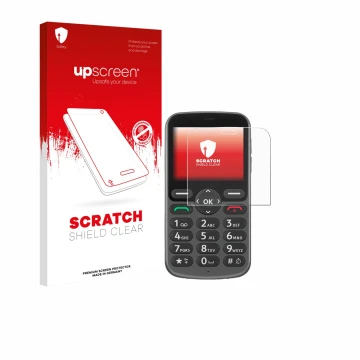 Parte frontal de un envase de producto con el logotipo de la marca upscreen. Al lado se muestra el dispositivo Doro 1380 con s