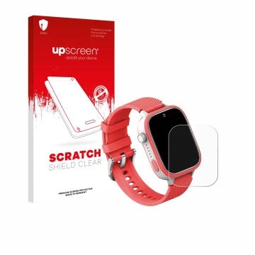 Parte frontal de un envase de producto con el logotipo de la marca upscreen. Al lado se muestra el dispositivo AngelTech Kids 