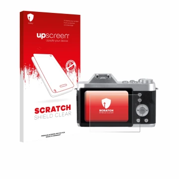 Parte frontal de un envase de producto con el logotipo de la marca upscreen. Al lado se muestra el dispositivo Rollei Powerfle