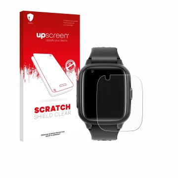 Parte frontal de un envase de producto con el logotipo de la marca upscreen. Al lado se muestra el dispositivo Krostming Kids 