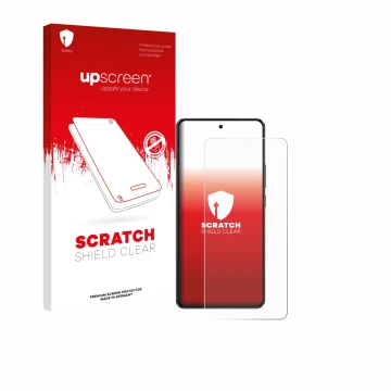 Parte frontal de un envase de producto con el logotipo de la marca upscreen. Al lado se muestra el dispositivo realme GT 7 con