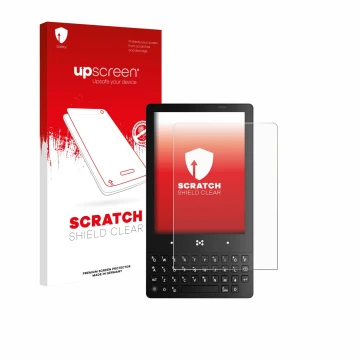 Parte frontal de un envase de producto con el logotipo de la marca upscreen. Al lado se muestra el dispositivo The Minimal Com