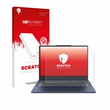 Parte frontal de un envase de producto con el logotipo de la marca upscreen. Al lado se muestra el dispositivo Lenovo IdeaPad 