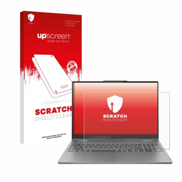 Parte frontal de un envase de producto con el logotipo de la marca upscreen. Al lado se muestra el dispositivo Lenovo IdeaPad 