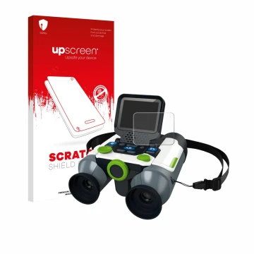 Parte frontal de un envase de producto con el logotipo de la marca upscreen. Al lado se muestra el dispositivo Vtech Binocular