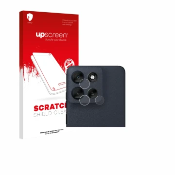 Parte frontal de un envase de producto con el logotipo de la marca upscreen. Al lado se muestra el dispositivo Motorola Moto G