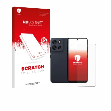 Parte frontal de un envase de producto con el logotipo de la marca upscreen. Al lado se muestra el dispositivo Motorola Moto G