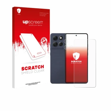 Parte frontal de un envase de producto con el logotipo de la marca upscreen. Al lado se muestra el dispositivo Motorola Moto G