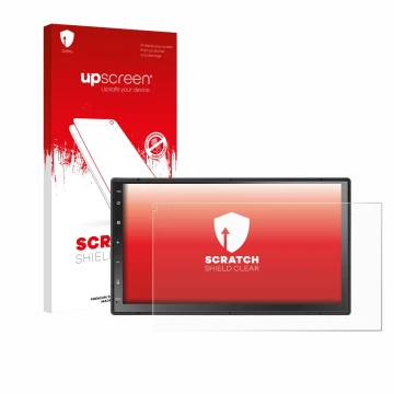 Parte frontal de un envase de producto con el logotipo de la marca upscreen. Al lado se muestra el dispositivo Atoto A5LG2B7T 