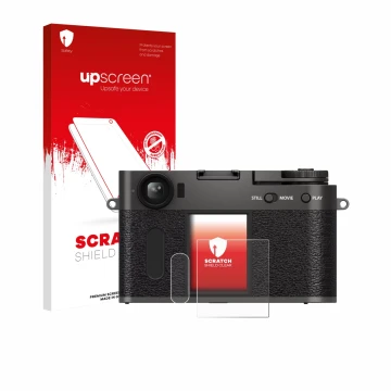Parte frontal de un envase de producto con el logotipo de la marca upscreen. Al lado se muestra el dispositivo Fujifilm X Half