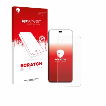 Parte frontal de un envase de producto con el logotipo de la marca upscreen. Al lado se muestra el dispositivo Honor 400 Pro c