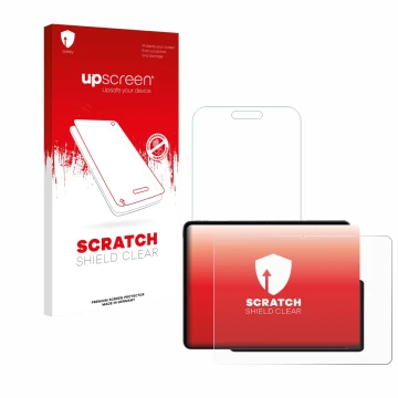 Parte frontal de un envase de producto con el logotipo de la marca upscreen. Al lado se muestra el dispositivo OnePlus Pad 3 c