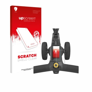 Parte frontal de un envase de producto con el logotipo de la marca upscreen. Al lado se muestra el dispositivo PowaKaddy CT10 